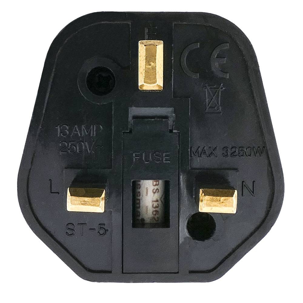 Adaptador enchufe Europa a Reino Unido tipo clavija schuko hembra a clavija BS1363 macho negro