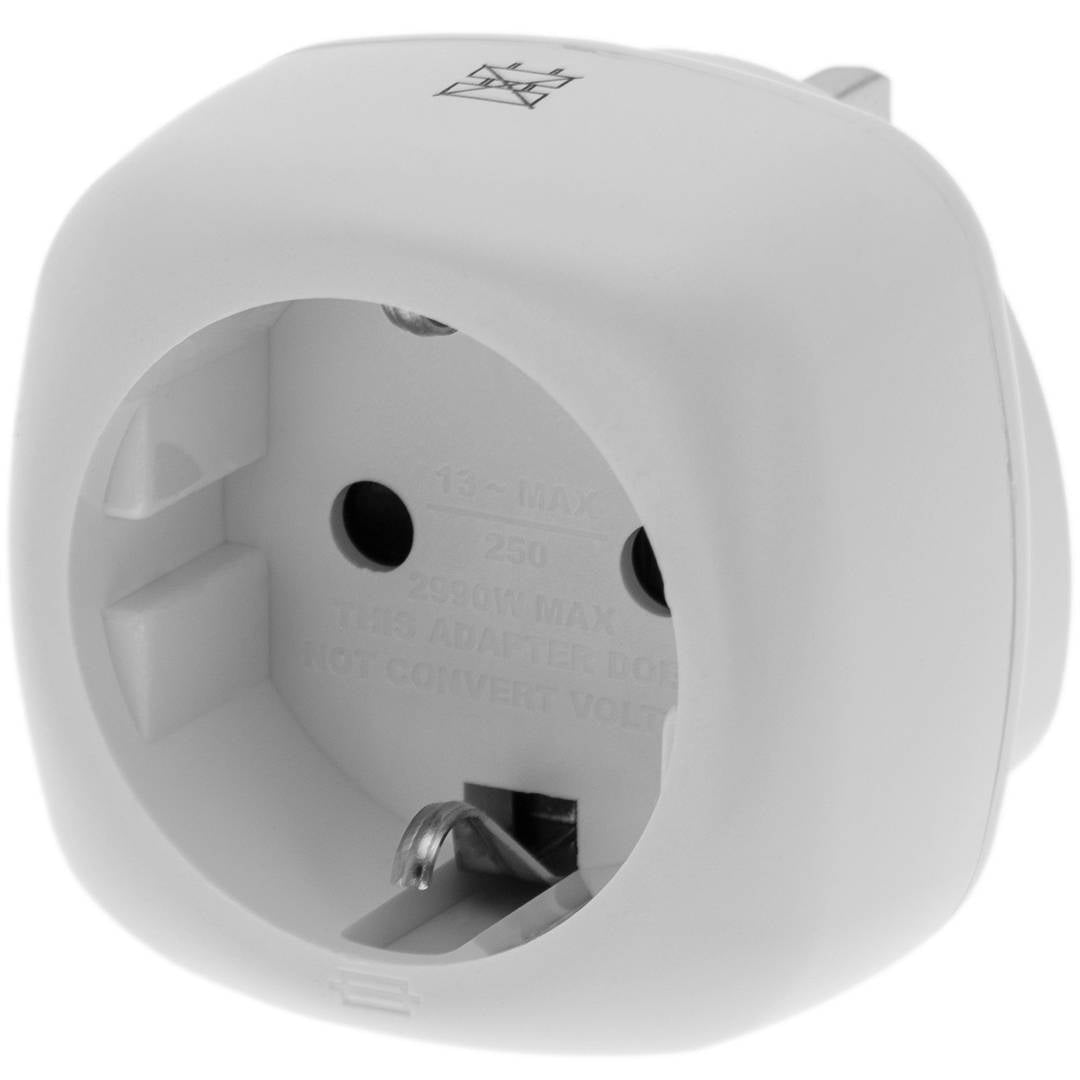 Adaptador enchufe Europa a Reino Unido tipo clavija schuko hembra a clavija BS1363 macho blanco