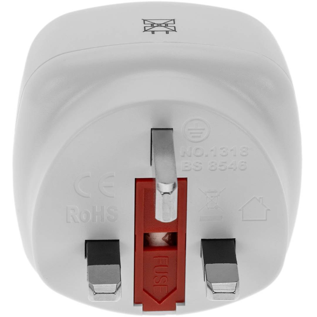 Adaptador enchufe Europa a Reino Unido tipo clavija schuko hembra a clavija BS1363 macho blanco