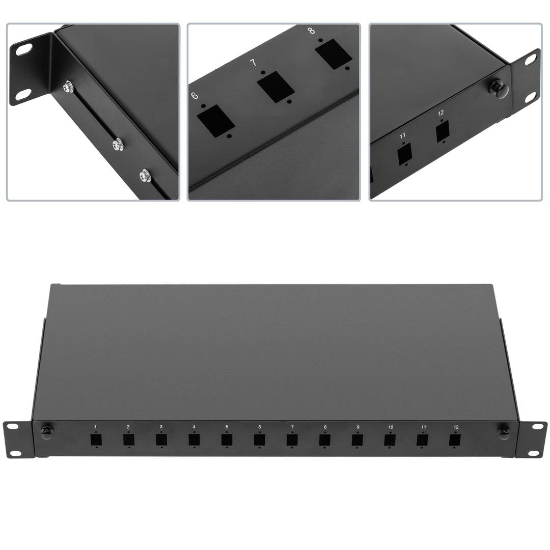 Patch Panel de fibra Óptica 1U negro de 12 SC Simplex o 12 LC duplex