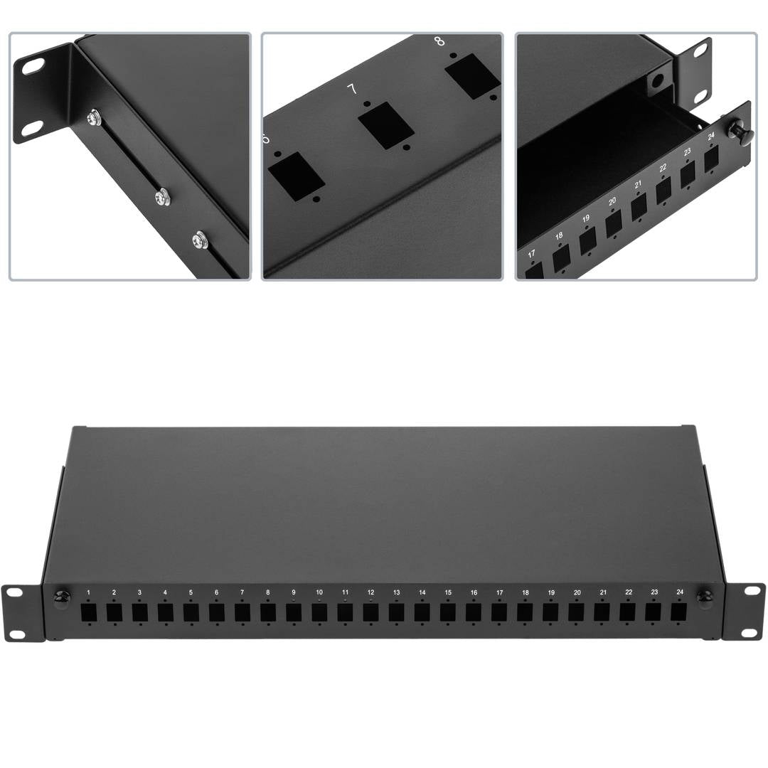 Patch Panel de fibra Óptica 1U negro de 24  SC Simplex o 24 LC duplex