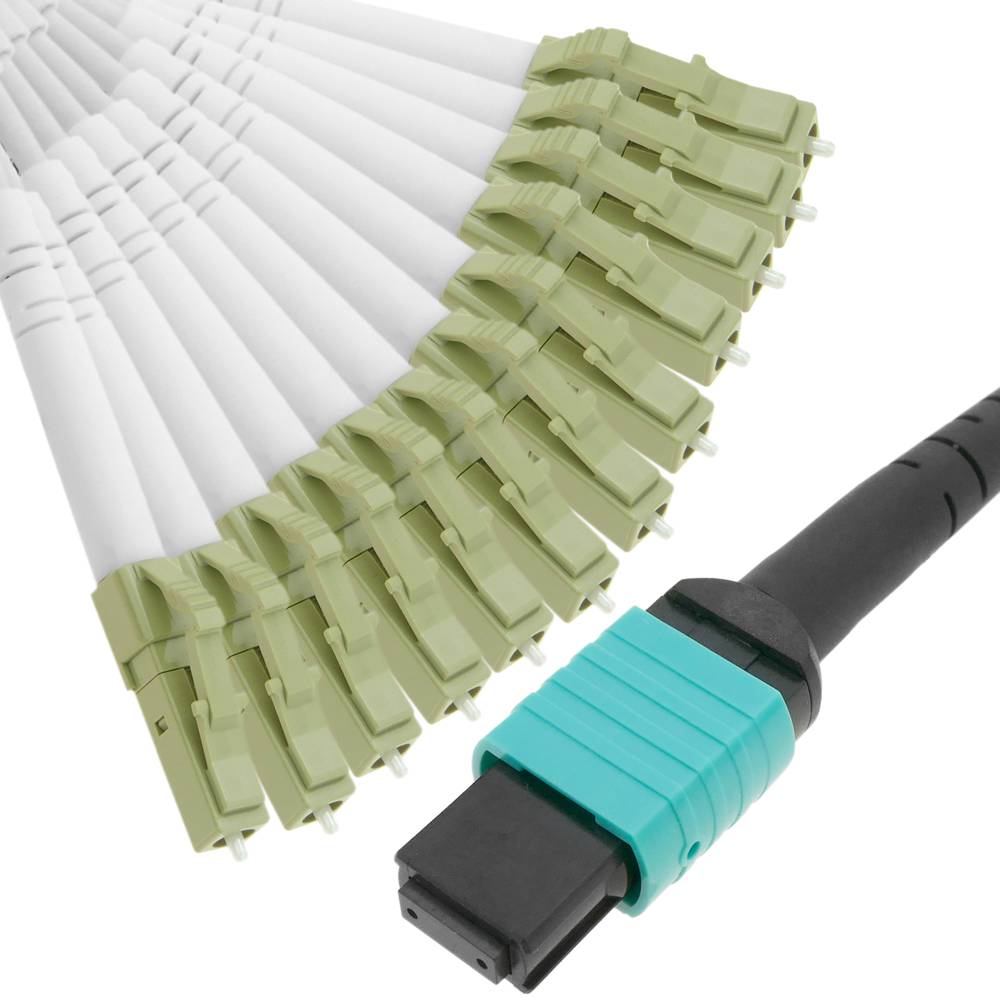 Cable Fanout de fibra óptica OM3 multimodo 50µm/125µm MTP/PC a 12 x LC/PC 10Gb de 2 m