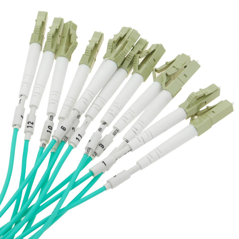 Cable Fanout de fibra óptica OM3 multimodo 50µm/125µm MTP/PC a 12 x LC/PC 10Gb de 3 m