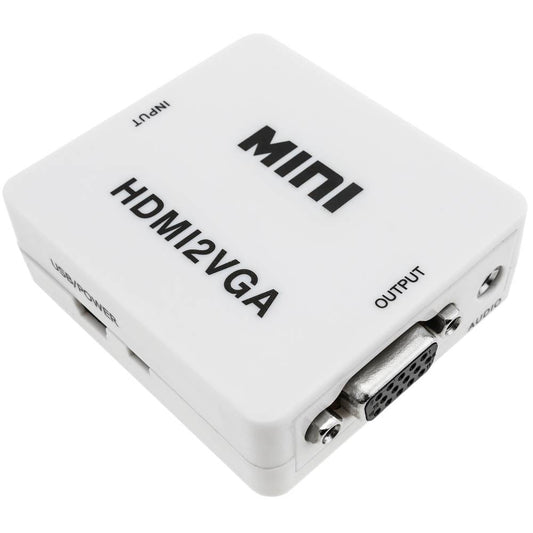 Conversor HDMI a VGA con audio estéreo analógico color blanco