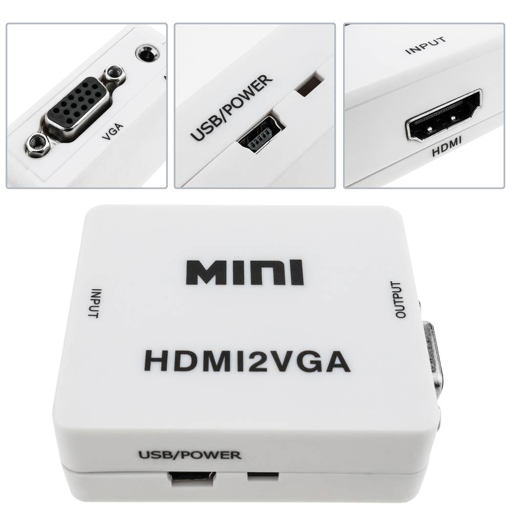 Conversor HDMI a VGA con audio estéreo analógico color blanco