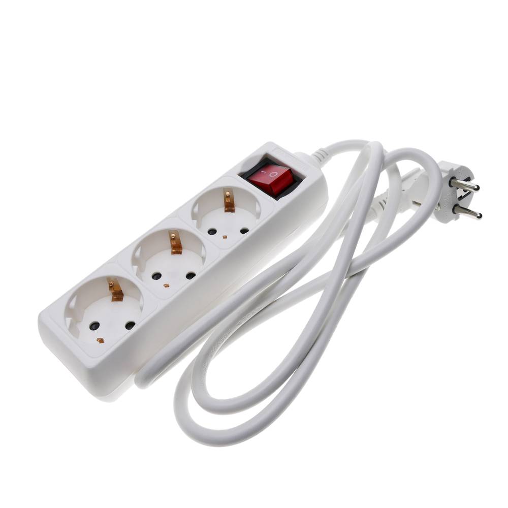Regleta de enchufes 3 schuko 16A 230V blanca con interruptor y cable de 1.5m