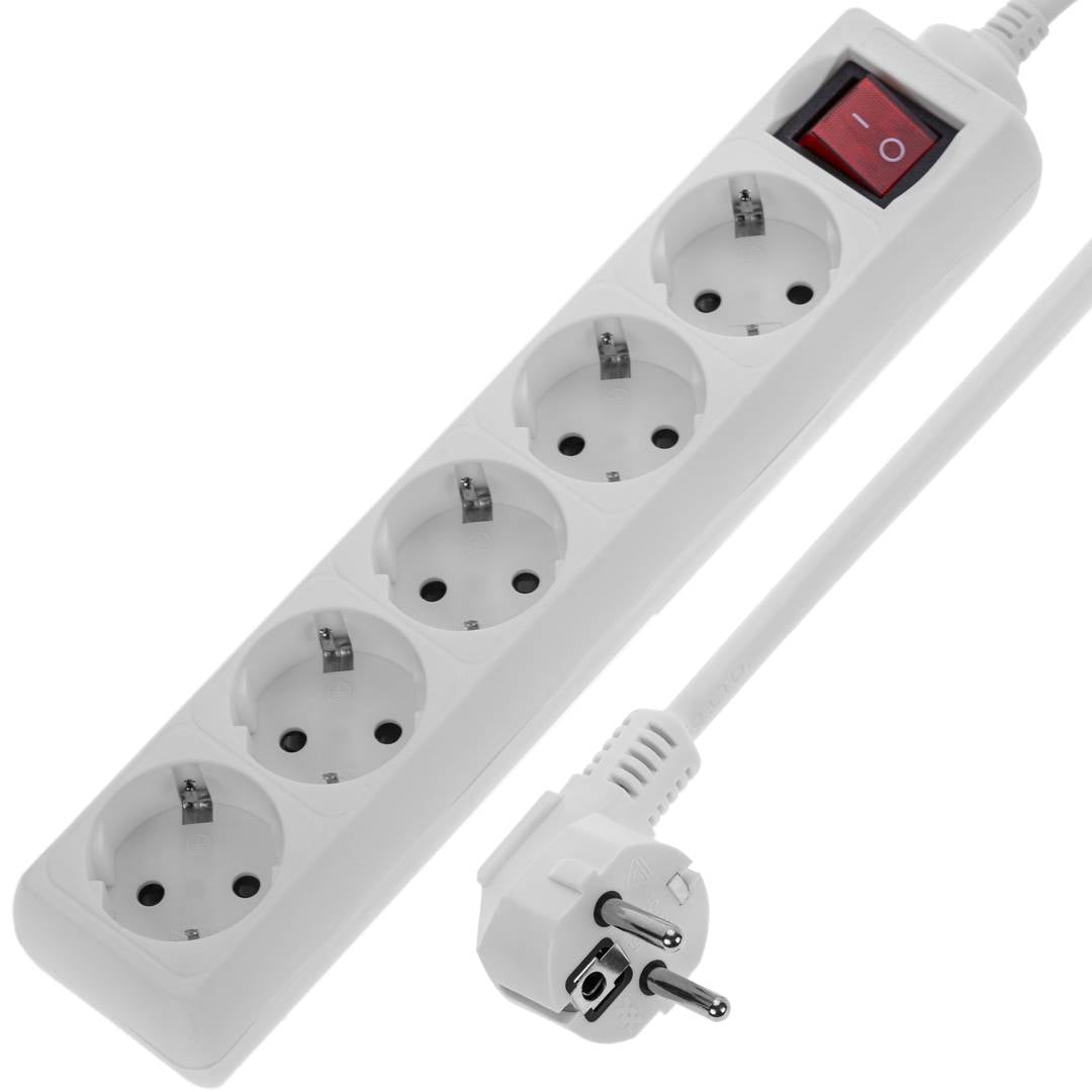 Regleta de enchufes 5 schuko 16A 230V blanca con interruptor y cable de 3m