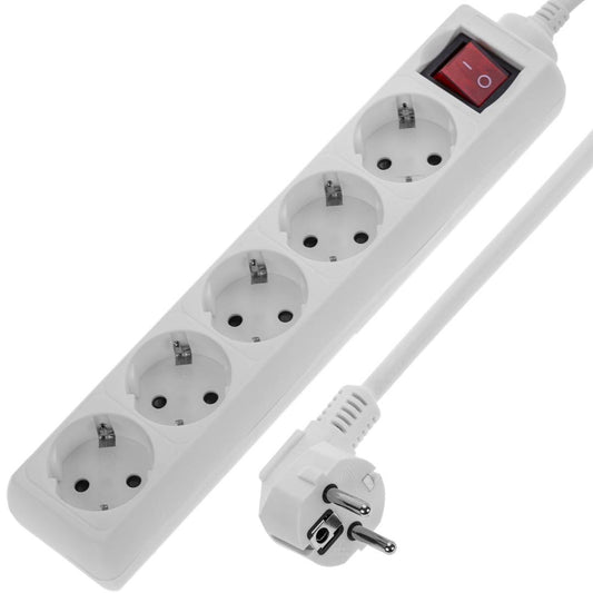 Regleta de enchufes 5 schuko 16A 230V blanca con interruptor y cable de 3m