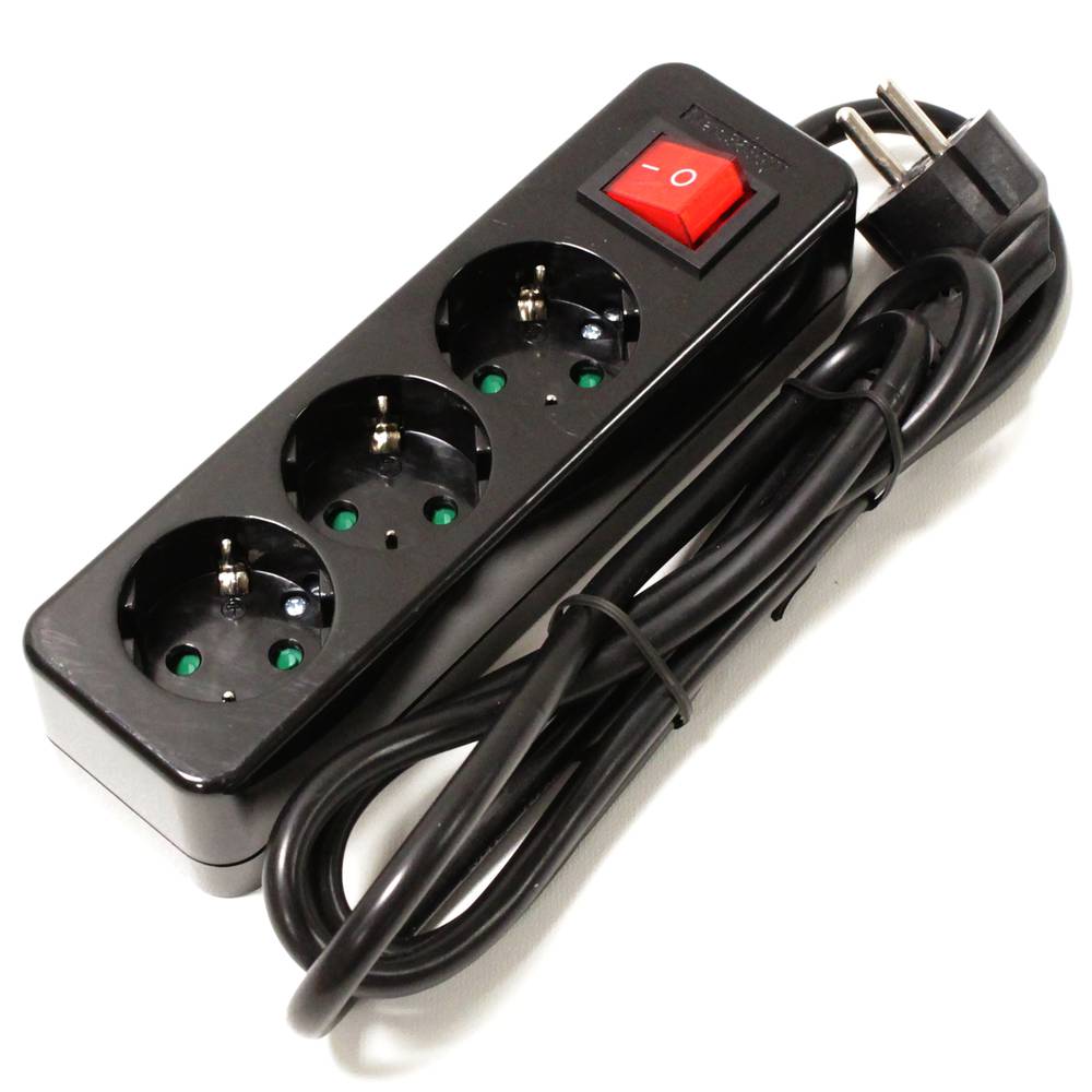Regleta de enchufes 3 schuko 16A 230V negra con interruptor y cable de 1.5m