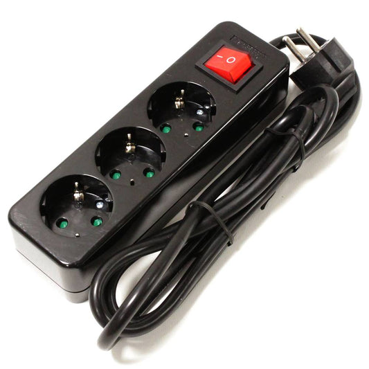 Regleta de enchufes 3 schuko 16A 230V negra con interruptor y cable de 1.5m