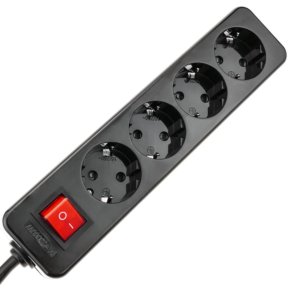 Regleta de enchufes 4 schuko 16A 230V negra con interruptor y cable de 1.5m