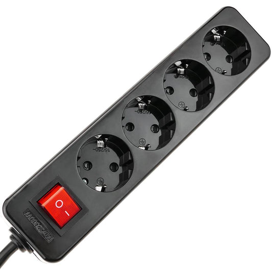 Regleta de enchufes 4 schuko 16A 230V negra con interruptor y cable de 1.5m