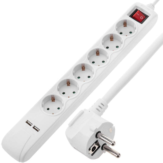 Regleta de enchufes 6 schuko 250 V y dos puertos USB blanca con interruptor