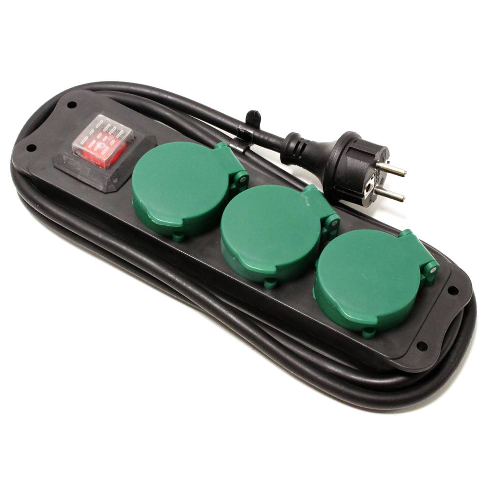 Regleta de enchufes IP44 para exterior 3 schuko 16A 250V con interruptor y cable de 1.5m