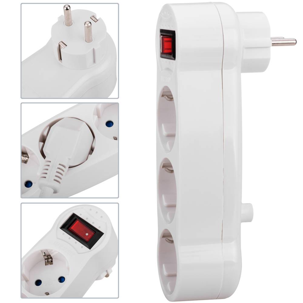 Multiplicador adaptador de clavija enchufe schuko triple blanco con interruptor