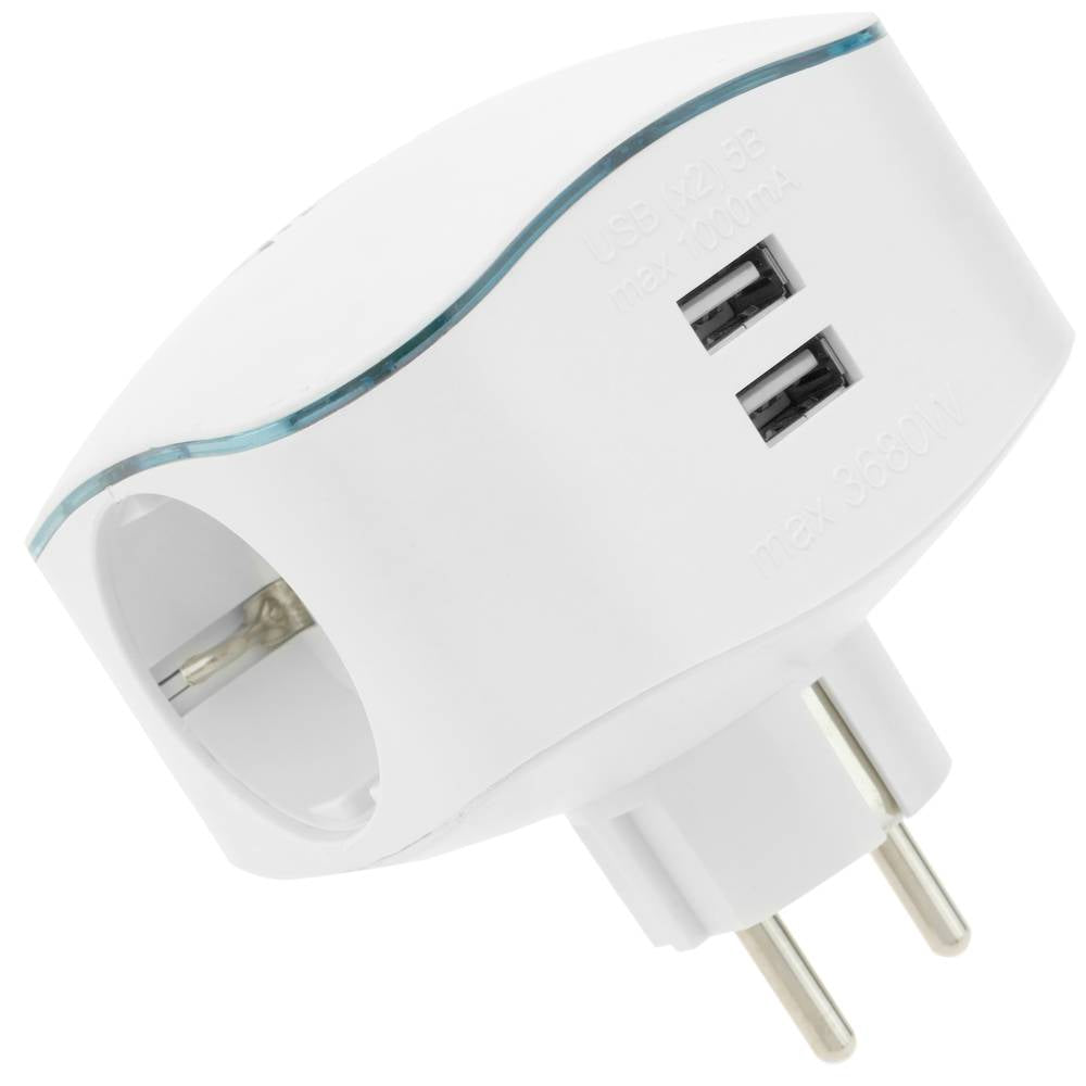 Multiplicador de clavija enchufe schuko triple de color blanco con cargador USB 5VDC