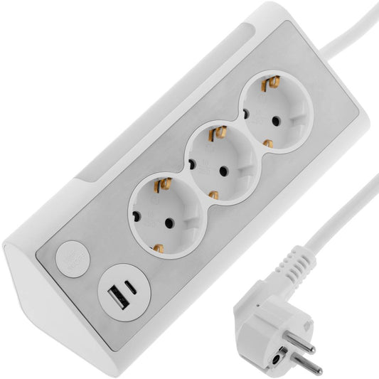 Regleta sobremesa de 3 enchufes schuko con 1 puerto USB y 1 USB-C blanco