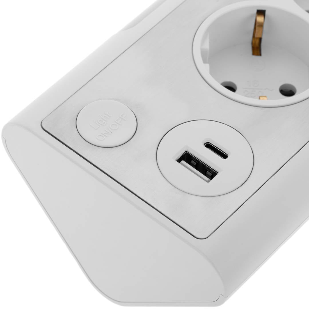 Regleta sobremesa de 3 enchufes schuko con 1 puerto USB y 1 USB-C blanco