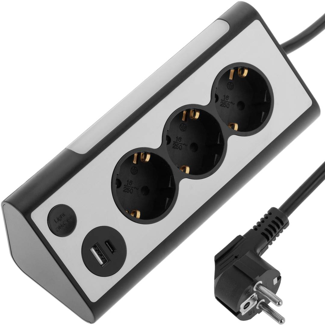Regleta sobremesa de 3 enchufes schuko con 1 puerto USB y 1 USB-C negro
