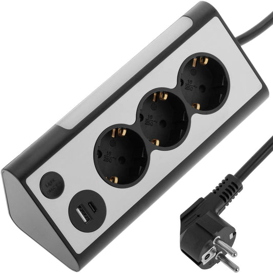 Regleta sobremesa de 3 enchufes schuko con 1 puerto USB y 1 USB-C negro