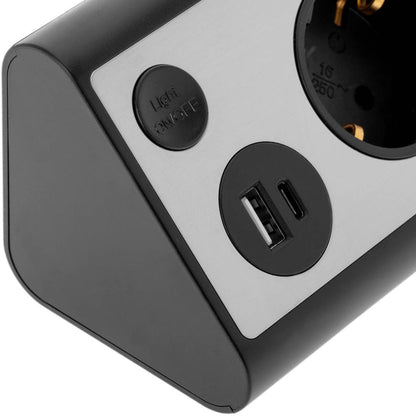 Regleta sobremesa de 3 enchufes schuko con 1 puerto USB y 1 USB-C negro