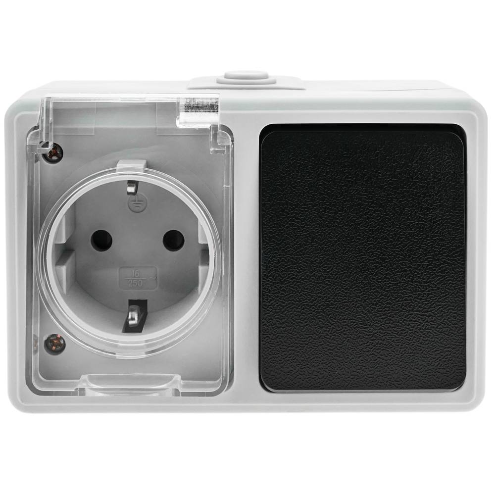 Base de superficie estanca IP54 16A 250V con interruptor conmutador y schuko