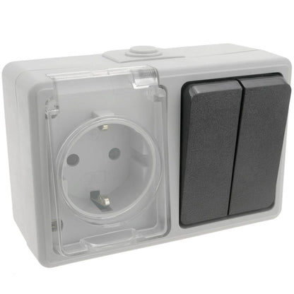 Base de superficie estanca IP54 16A 250V con 2 x interruptor conmutador y 1 x schuko