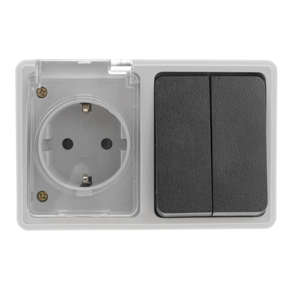Base de superficie estanca IP54 16A 250V con 2 x interruptor conmutador y 1 x schuko