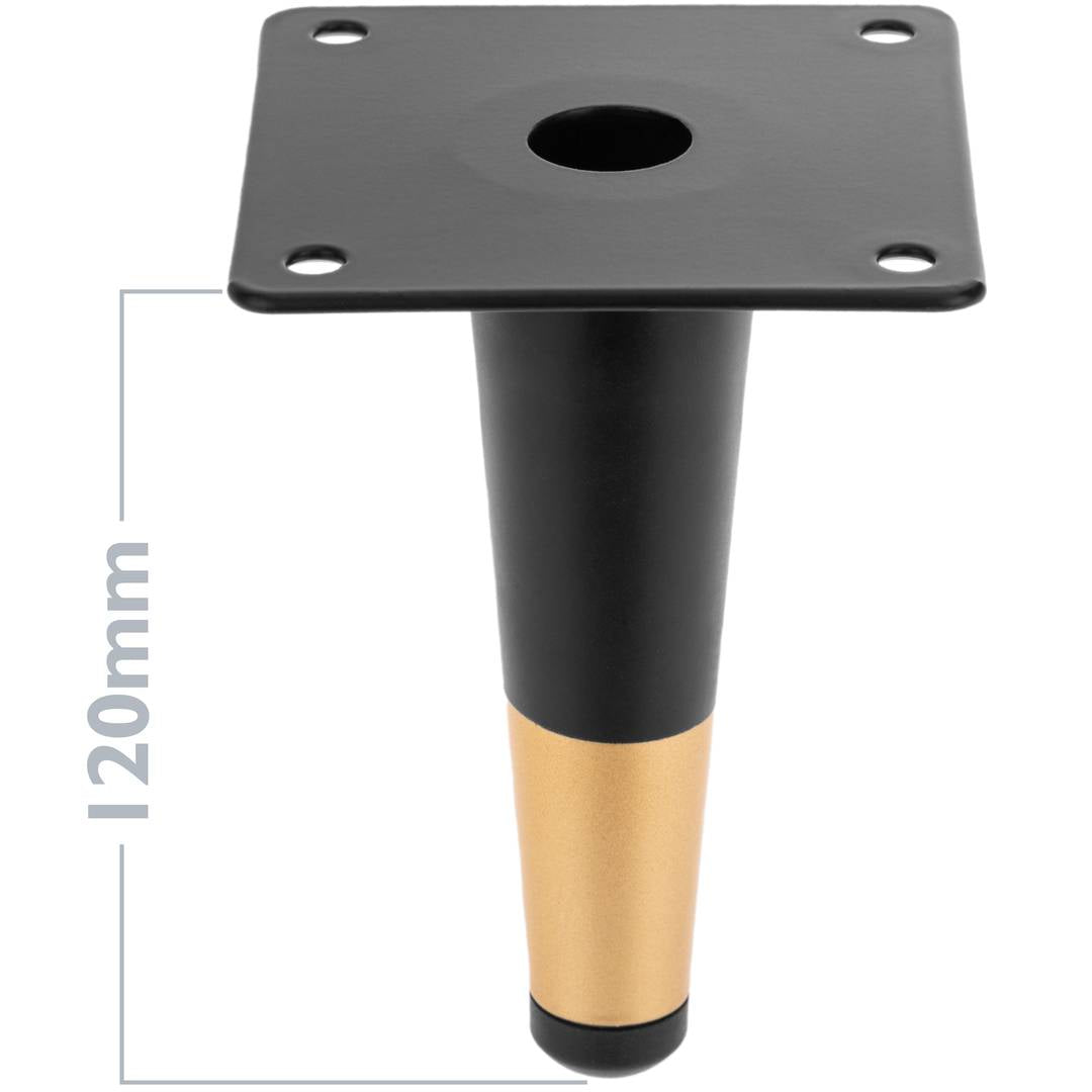 Pack de 4 patas rectas para muebles con forma cónica y protección antideslizante de 12cm color negro y dorado