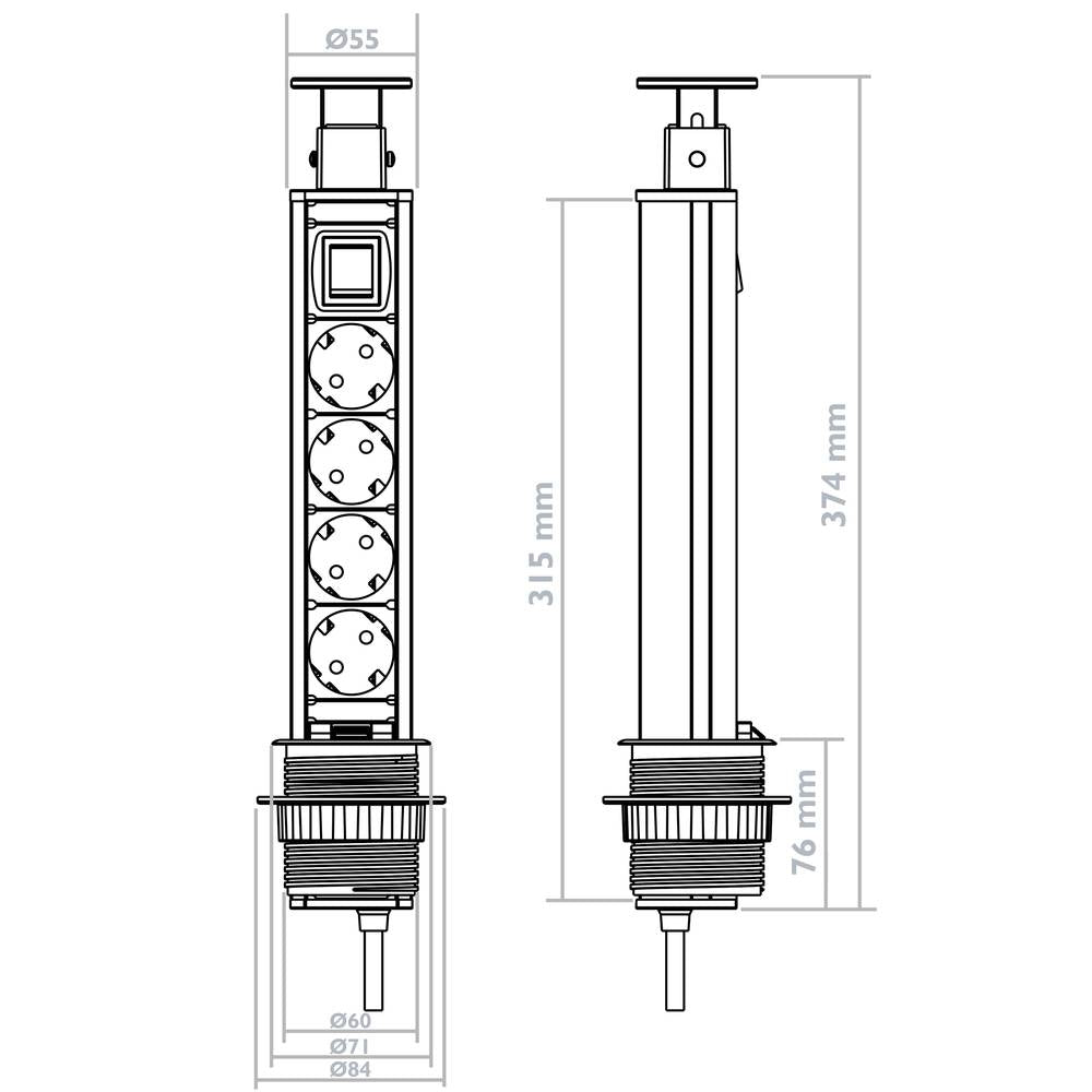 Regleta retráctil de 4 enchufes schuko 16 A 250 V torre escamoteable con interruptor
