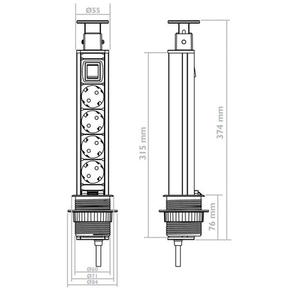Regleta retráctil de 4 enchufes schuko 16 A 250 V torre escamoteable con interruptor