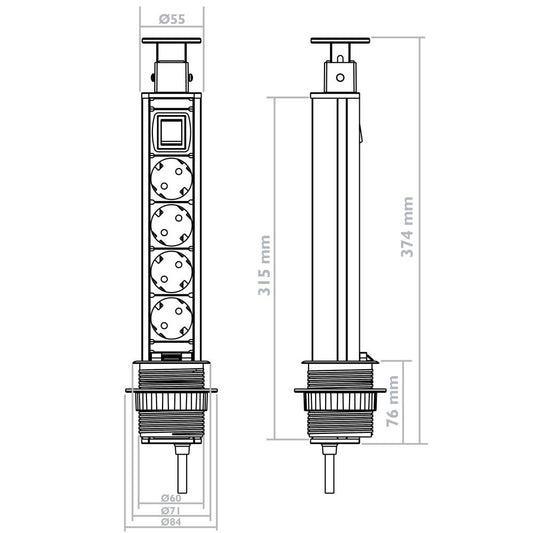 Regleta retráctil de 4 enchufes schuko 16 A 250 V torre escamoteable con interruptor