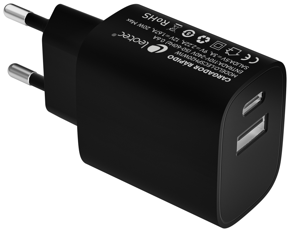 Leotec Cargador 20W 1xUSB-C PD + 1x USB-A Negro