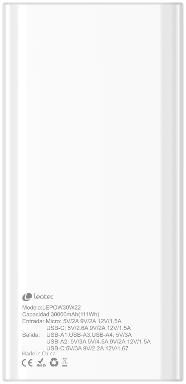 Leotec LEPOW30W22W bateria externa Polimero de litio 30000 mAh Blanco