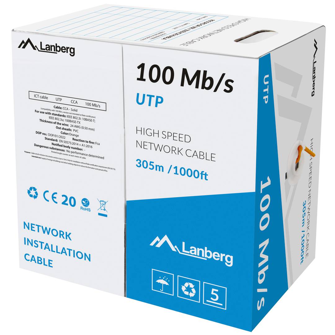 Bobina de cable de red ethernet Cat. 5e UTP CCA de 305 m rígido de color naranja LCU5-10CC-0305-O