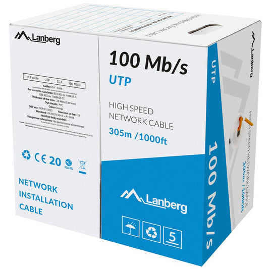 Bobina de cable de red ethernet Cat. 5e UTP CCA de 305 m rígido de color naranja LCU5-10CC-0305-O