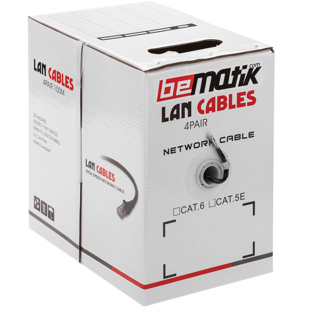 Bobina de cable de red ethernet Cat. 5e UTP CCA de 100 m rígido de color negro