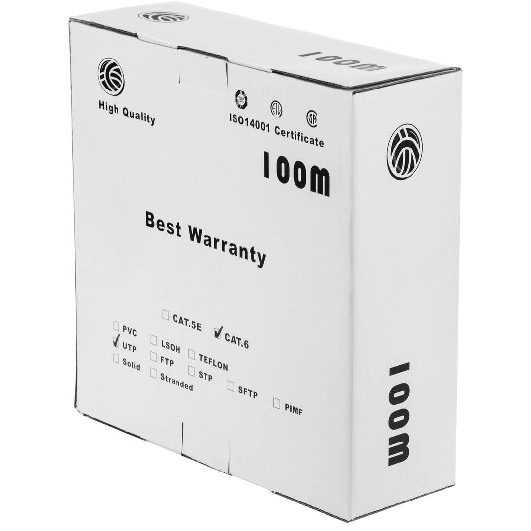 Bobina de cable de red ethernet Cat. 6 UTP CCA de 100 m rígido de color blanco