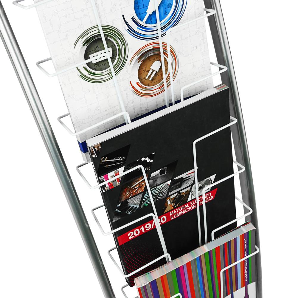 Expositor portafolletos 31 x 126 x 35 cm con 9 compartimentos para folletos y revistas