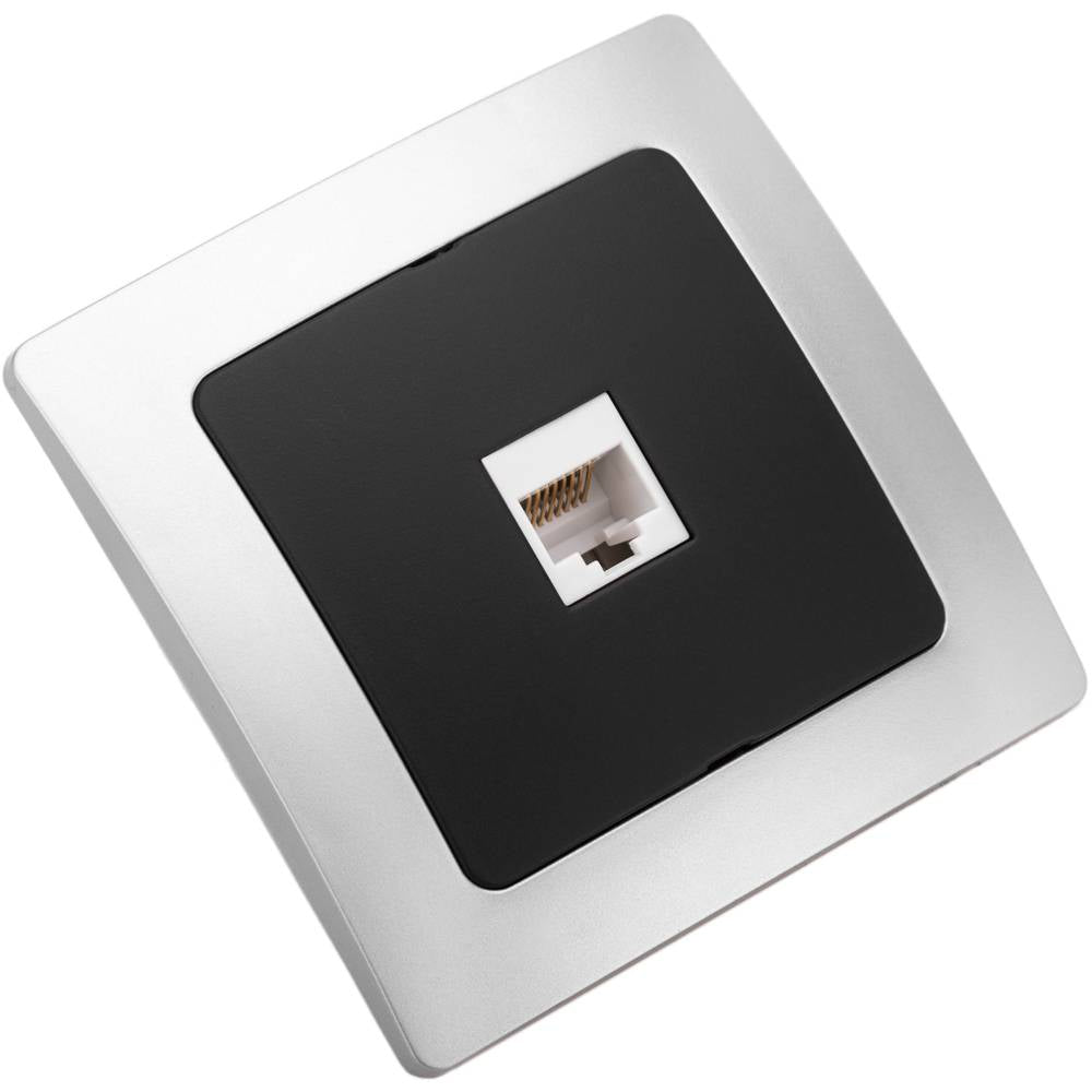 Base con toma de red RJ45 empotrable con marco 80x80mm serie Lille de color plata y gris