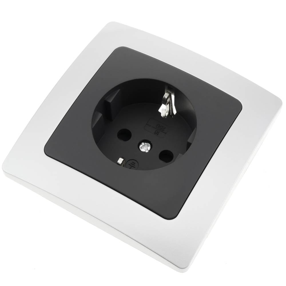 Base de enchufe schuko empotrable con marco 80x80mm serie Lille de color plata y gris