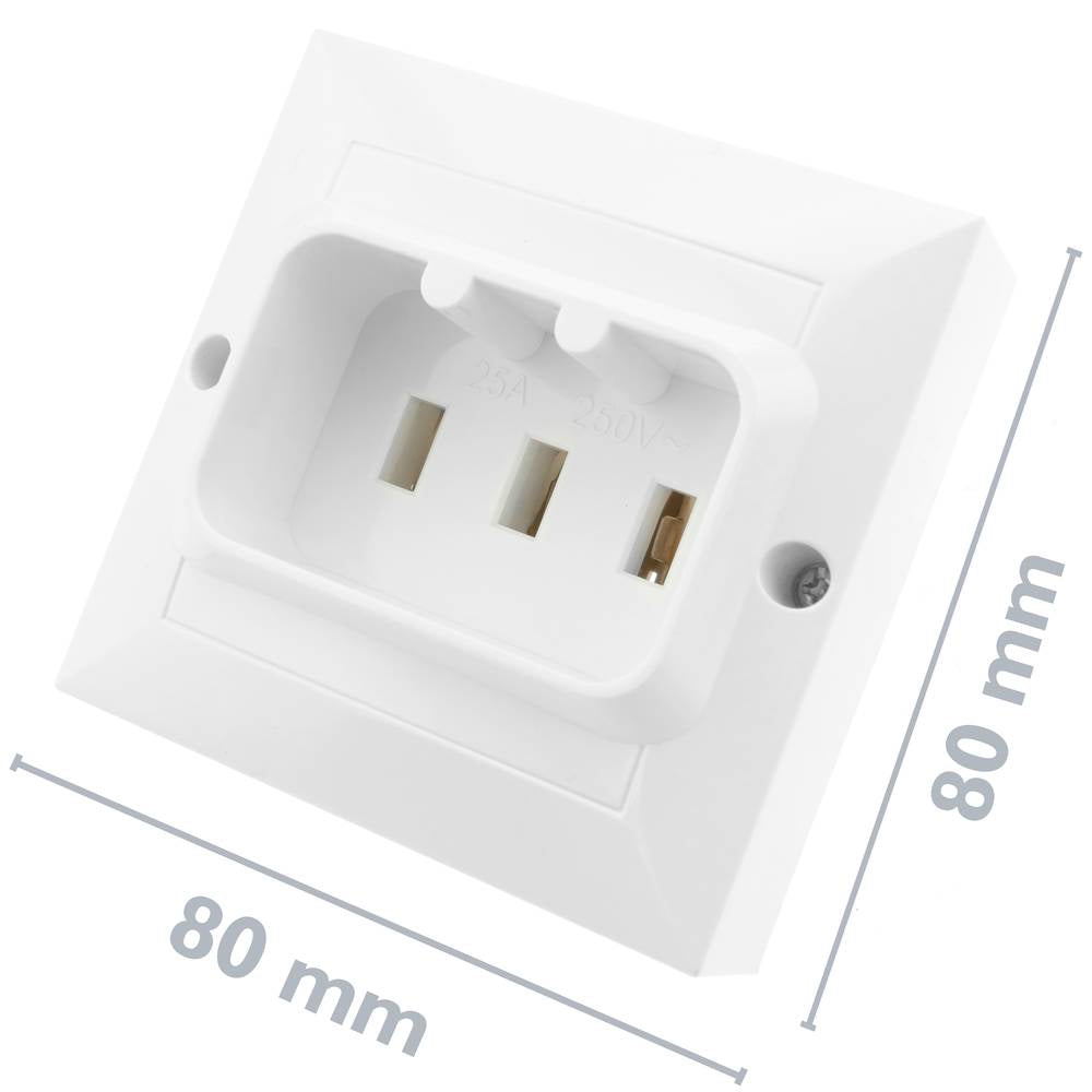 Base de enchufe 25A 2P+T para hornos y cocinas 80x80mm de color blanco
