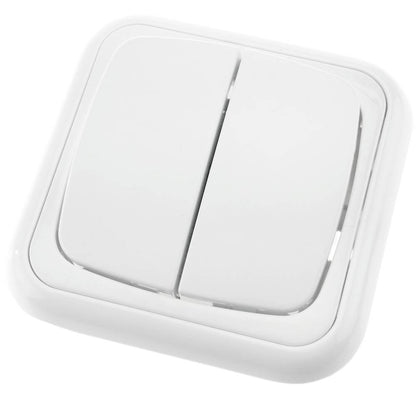 Conmutador doble de superficie con marco 80x80mm de color blanco