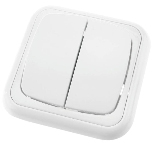 Conmutador doble de superficie con marco 80x80mm de color blanco