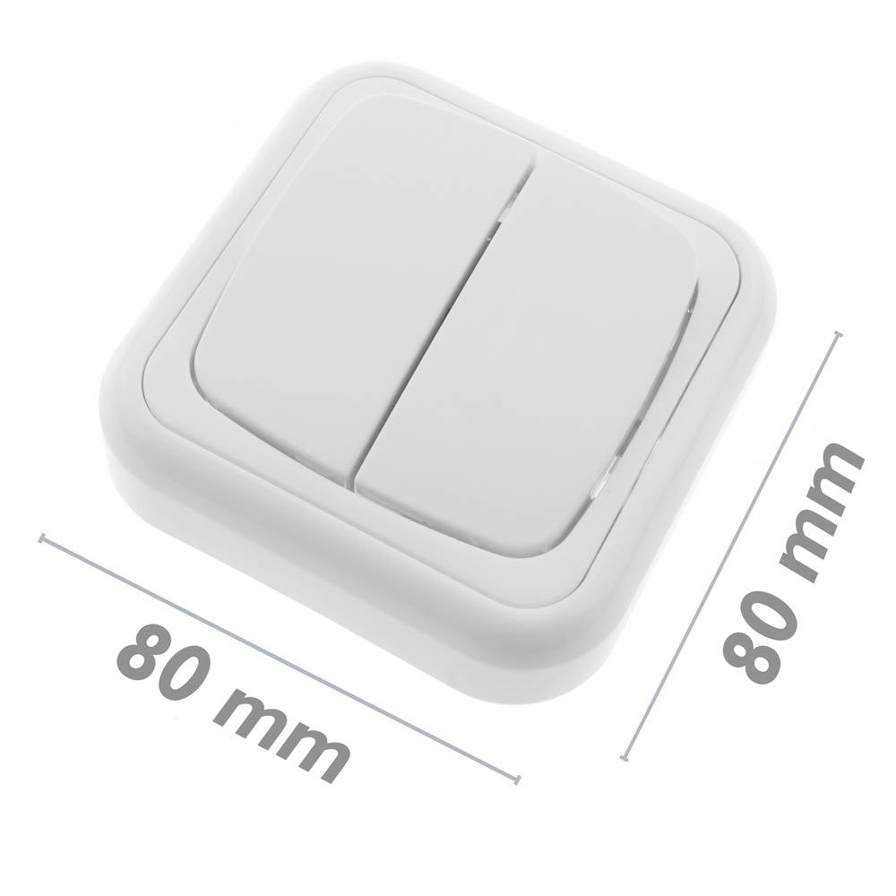 Conmutador doble de superficie con marco 80x80mm de color blanco