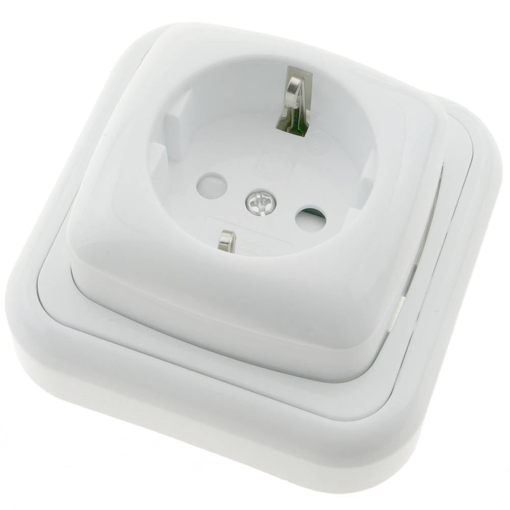 Base de enchufe schuko de superficie con marco 80x80mm de color blanco