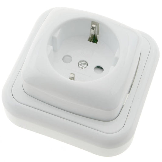 Base de enchufe schuko de superficie con marco 80x80mm de color blanco