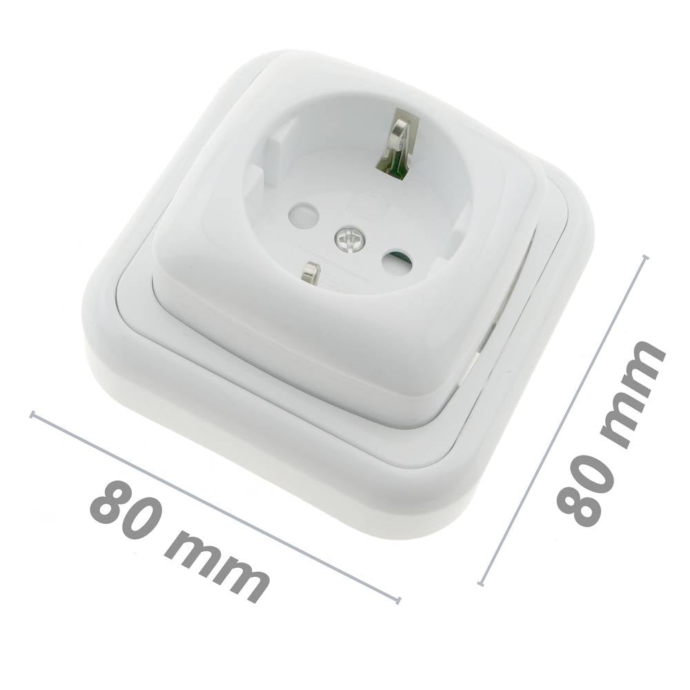 Base de enchufe schuko de superficie con marco 80x80mm de color blanco