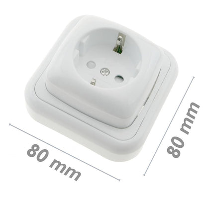 Base de enchufe schuko de superficie con marco 80x80mm de color blanco