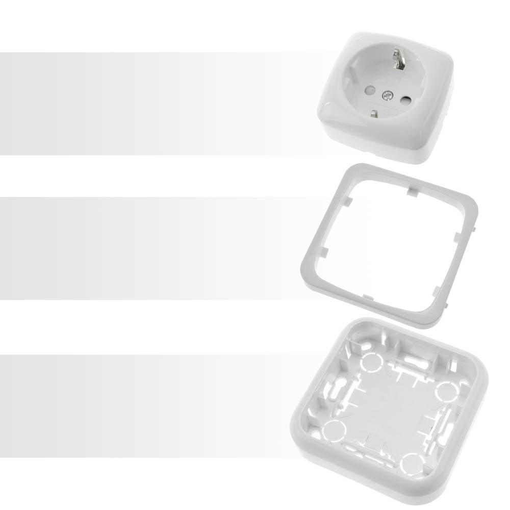Base de enchufe schuko de superficie con marco 80x80mm de color blanco